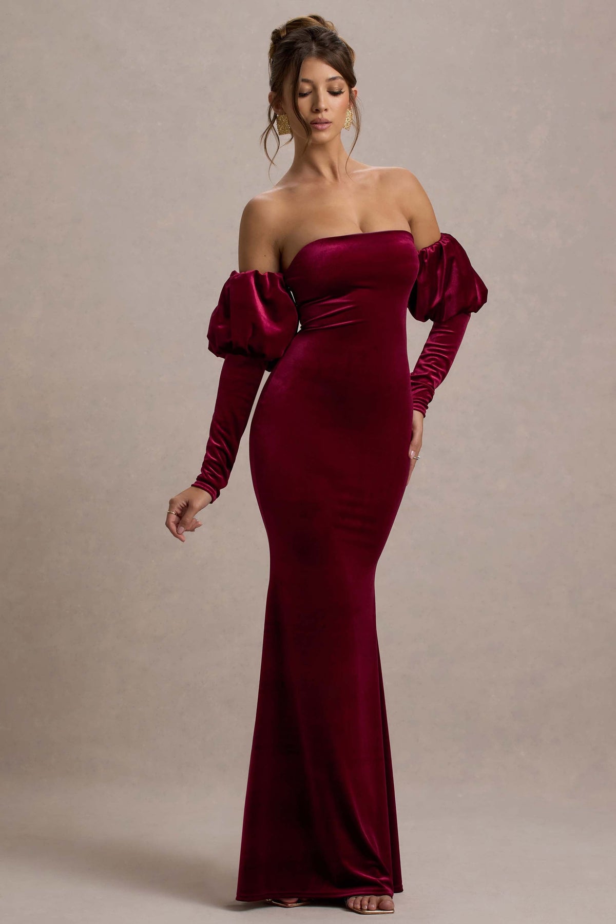 Berry Velvet Bardot Puff-Sleeve Maxi Dress - View 2 | Shop Formal Dress