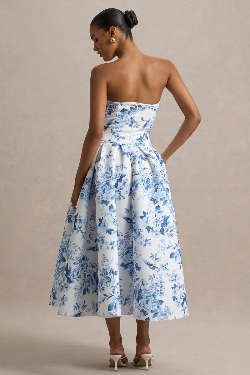 Bluebell | Lemon Porcelain Print Poplin Bandeau Drop-Waist Midi Dress