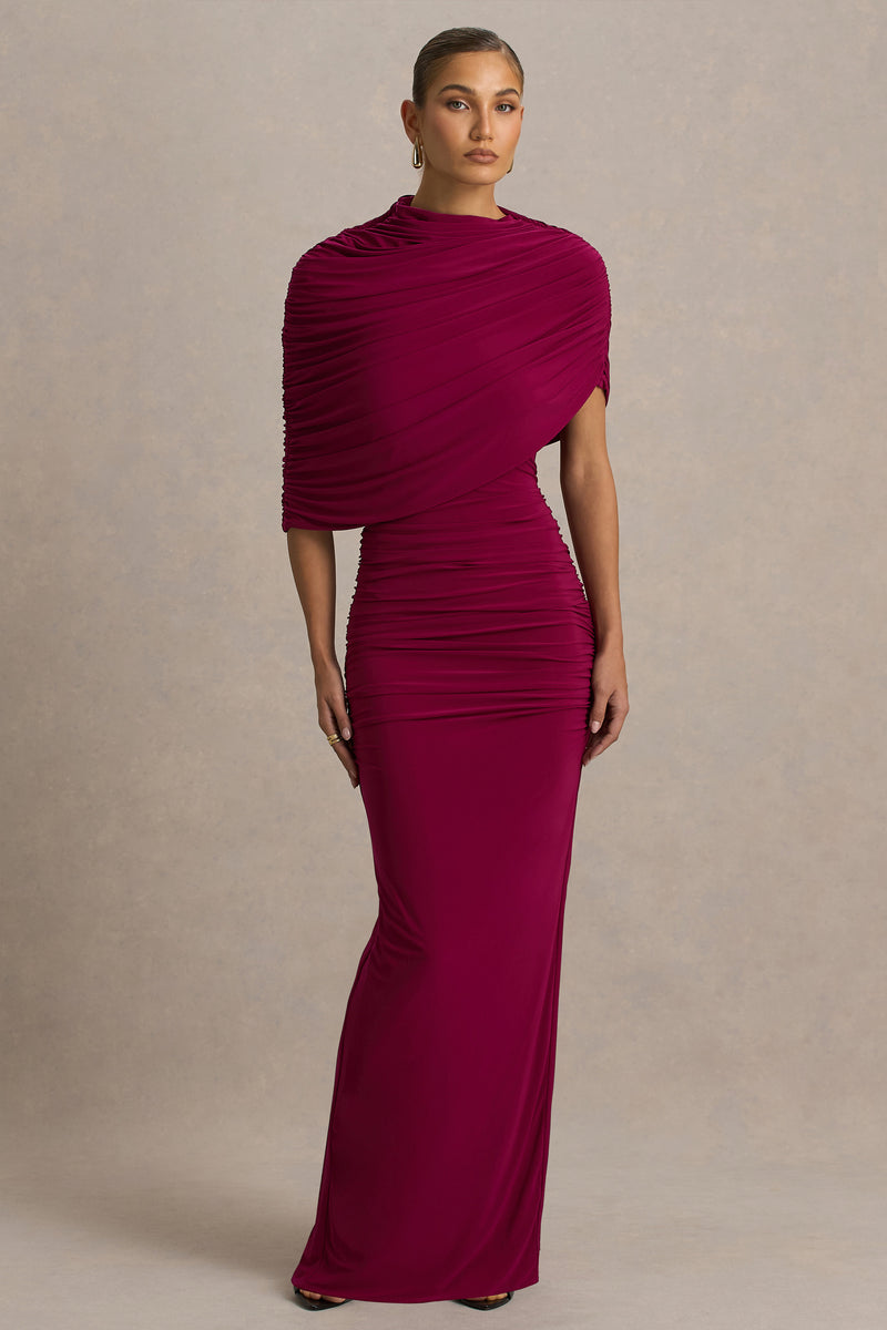 Glitz | Black High-Neck Maxi Dress With Cape Sleeve and Ruched Detail