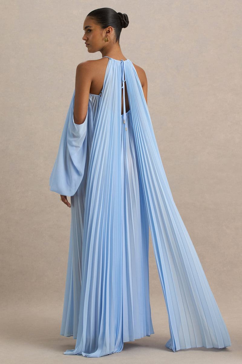 Reyna Powder Blue Pleated Chiffon Cold-Shoulder Maxi Dress – Club L