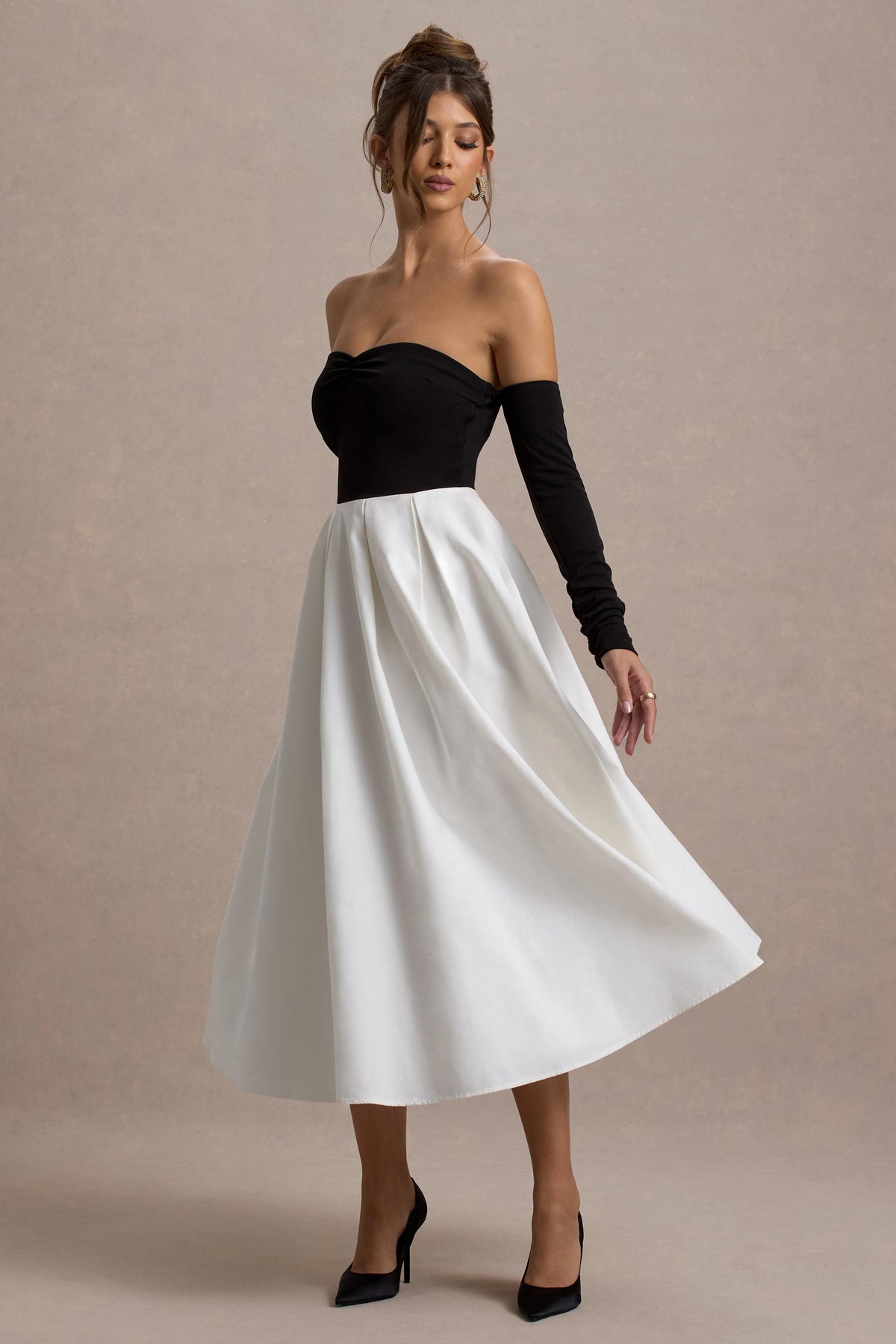 Black & Cream Bardot Pleated Maxi Dress - View 6 | Shop Formal Dress