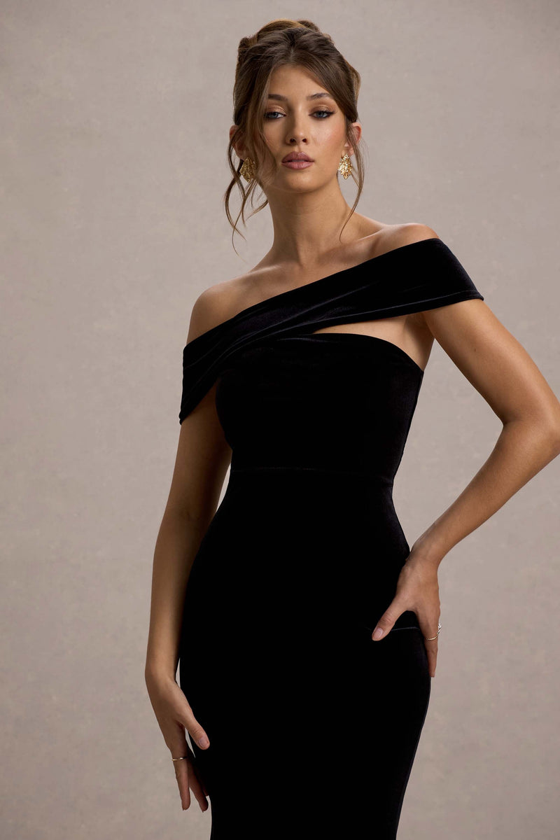 Arella | Black Velvet Bardot-Neck Maxi Dress With Feather Trim
