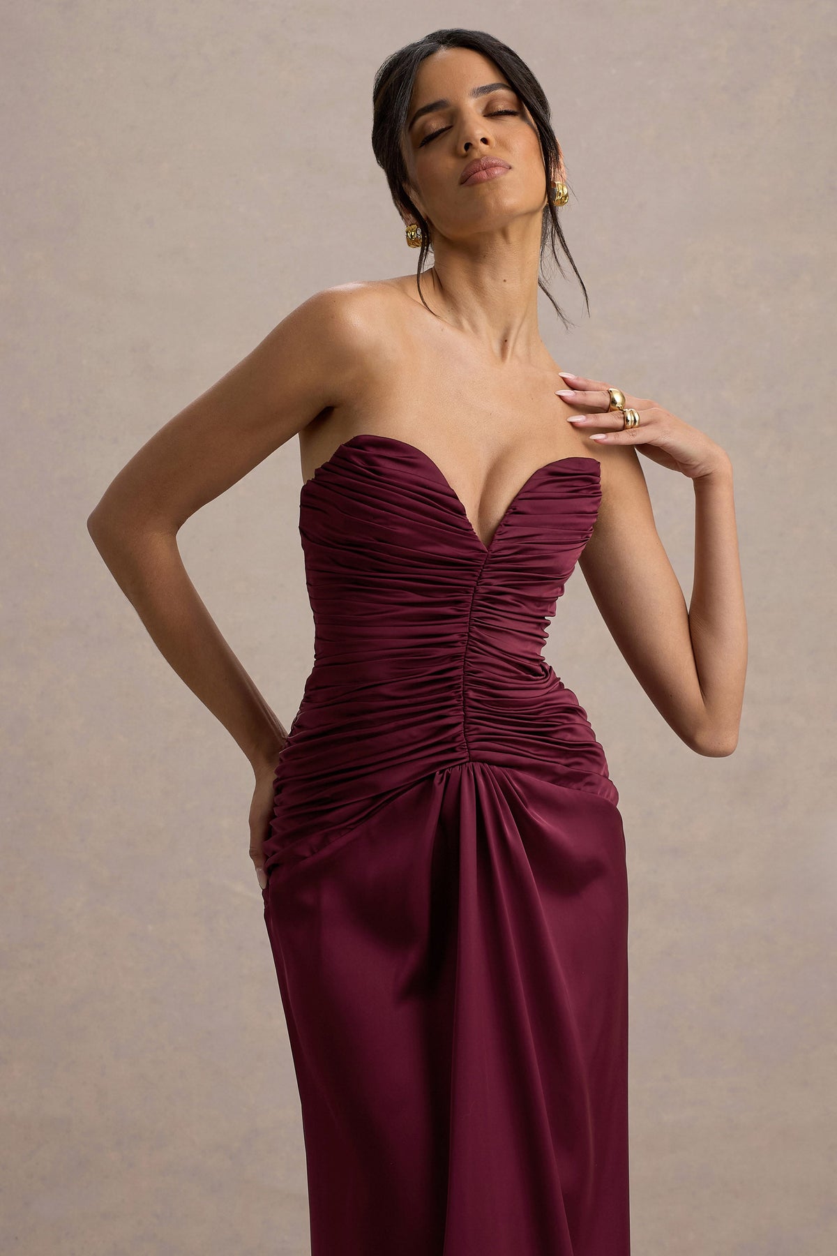 Collective Dress - Burgundy Satin Sweetheart Gathered Maxi Dress image 4