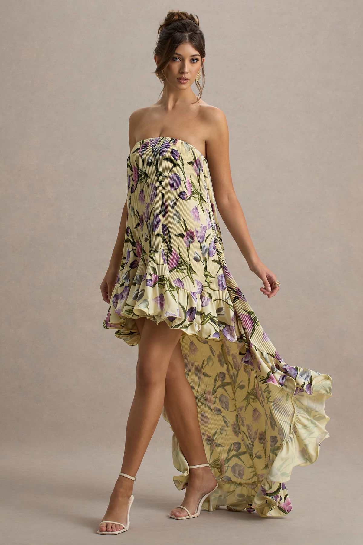 Tulip Floral Print Chiffon Bandeau High-Low Ruffled Maxi Dress - View 2 | Shop Formal Dress