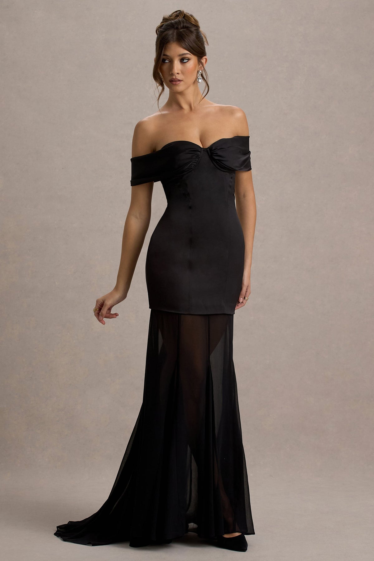 Black Satin Bardot Maxi Dress With Sheer Skirt - View 6 | Shop Formal Dress