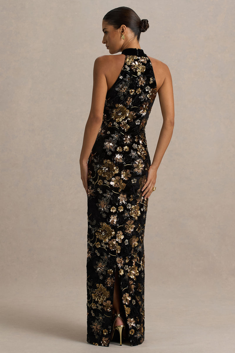 mag black Metal chain strap square neck velvet maxi dress main image 0