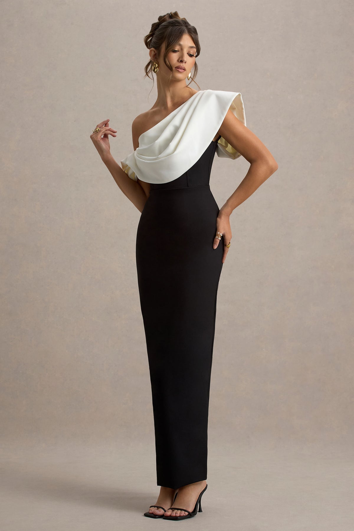 Collective Dress - Black & White Draped Shoulder Maxi Dress image 6