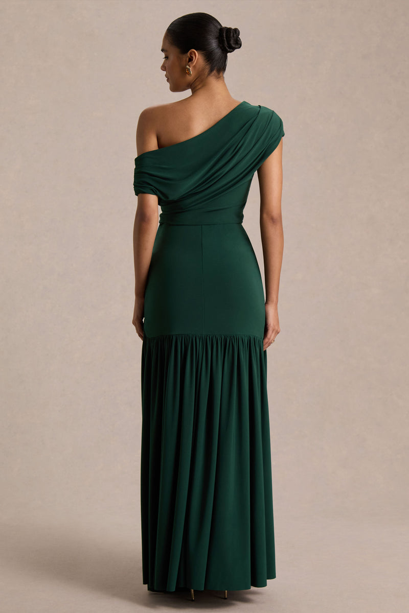 Kady Dark Green Asymmetric-Neck Maxi Dress With Ruched Detailing – Club