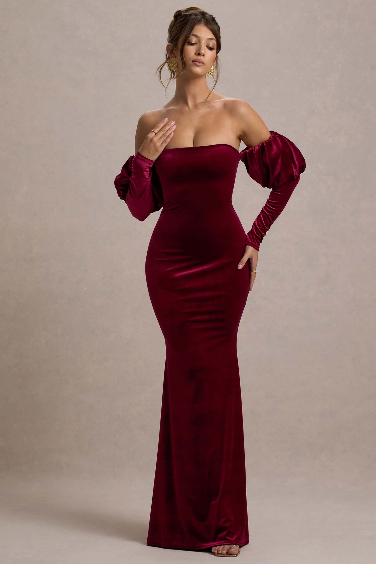 Berry Velvet Bardot Puff-Sleeve Maxi Dress - View 6 | Shop Formal Dress