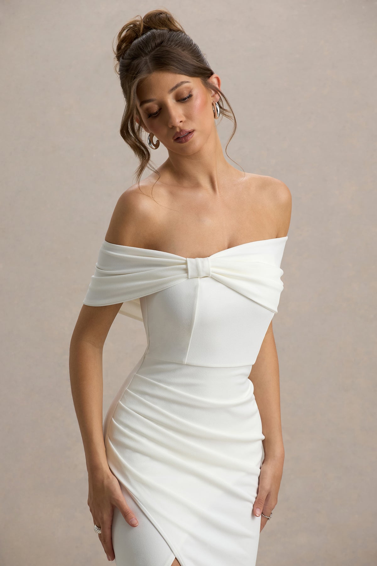 Collective Dress - White Bardot Bow Detail Maxi Dress With Thigh Split image 6