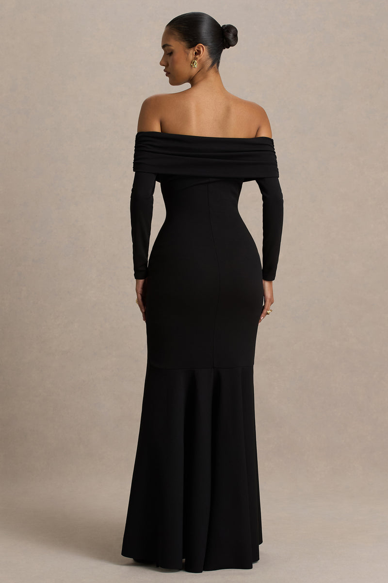 Everlasting Black Bardot-Neck Maxi Dress With Pleated Detailing – Club