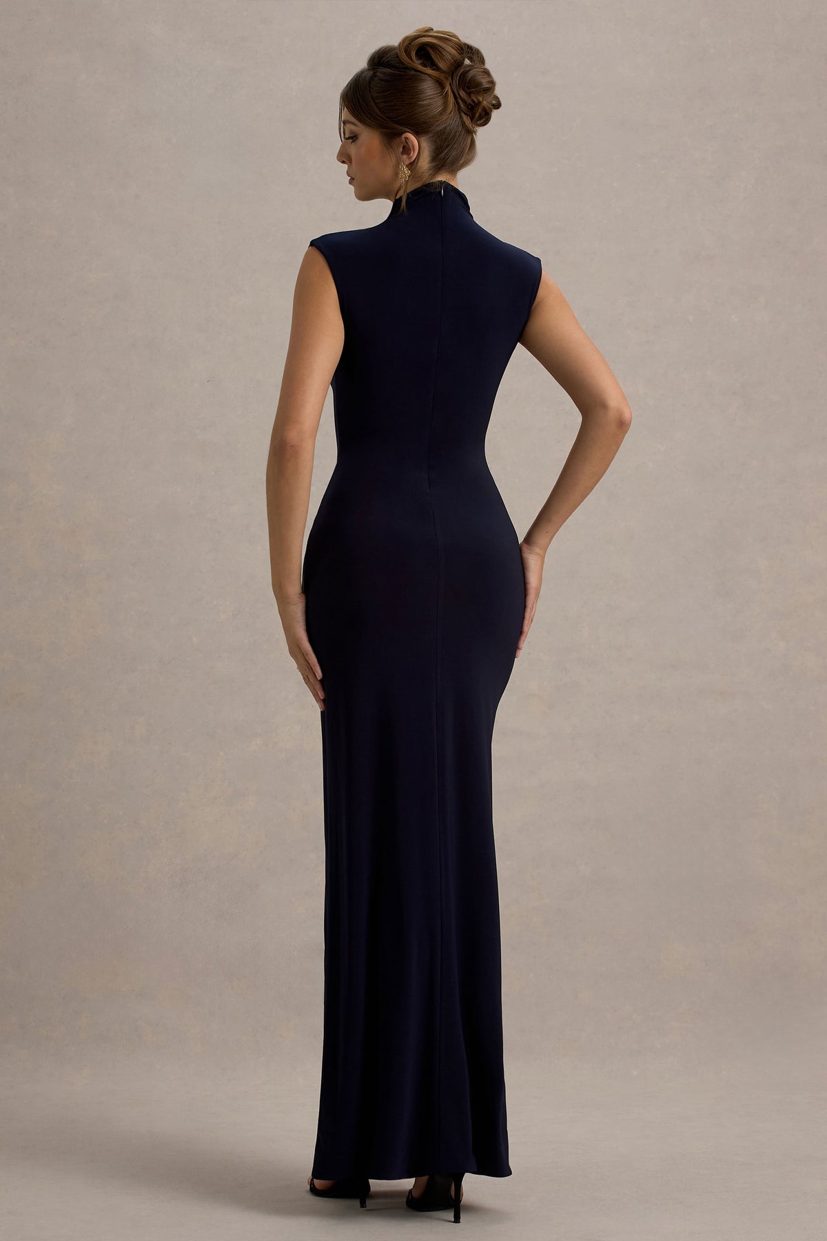 Navy Ruched High-Neck Maxi Dress With Split - View 3 | Shop Formal Dress