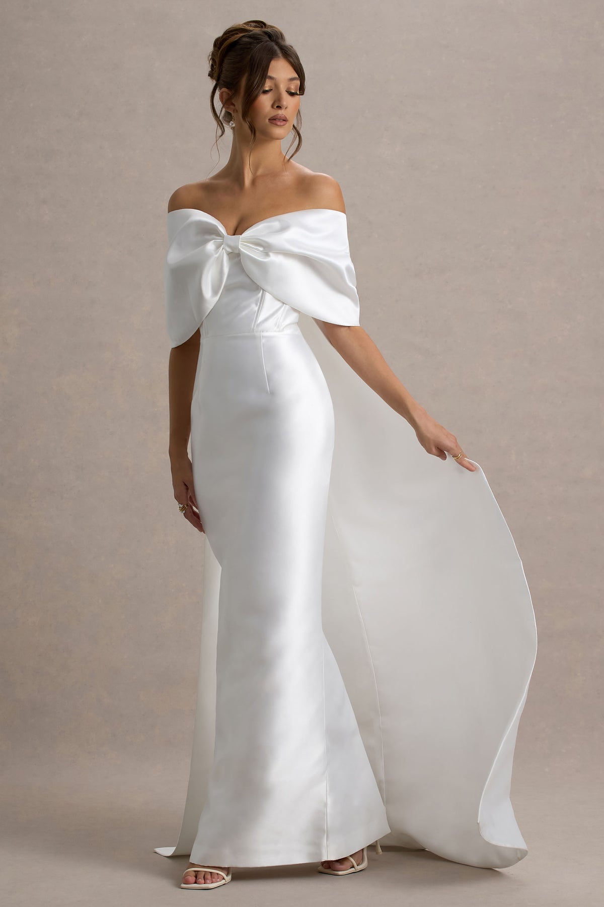 Off White Satin Cape Maxi Dress With Oversized Bow - View 5 | Shop Formal Dress