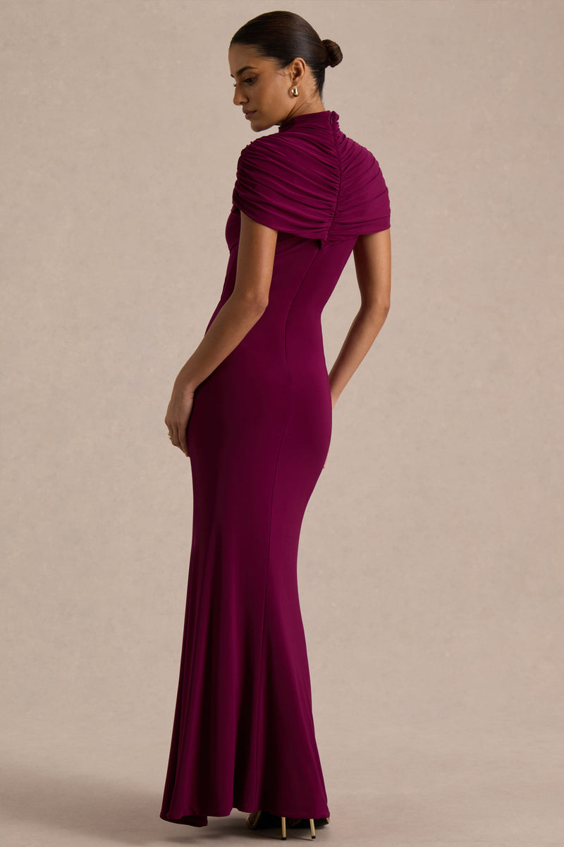 Azaria Burgundy High-Neck Maxi Dress With Ruched Detailing – Club L