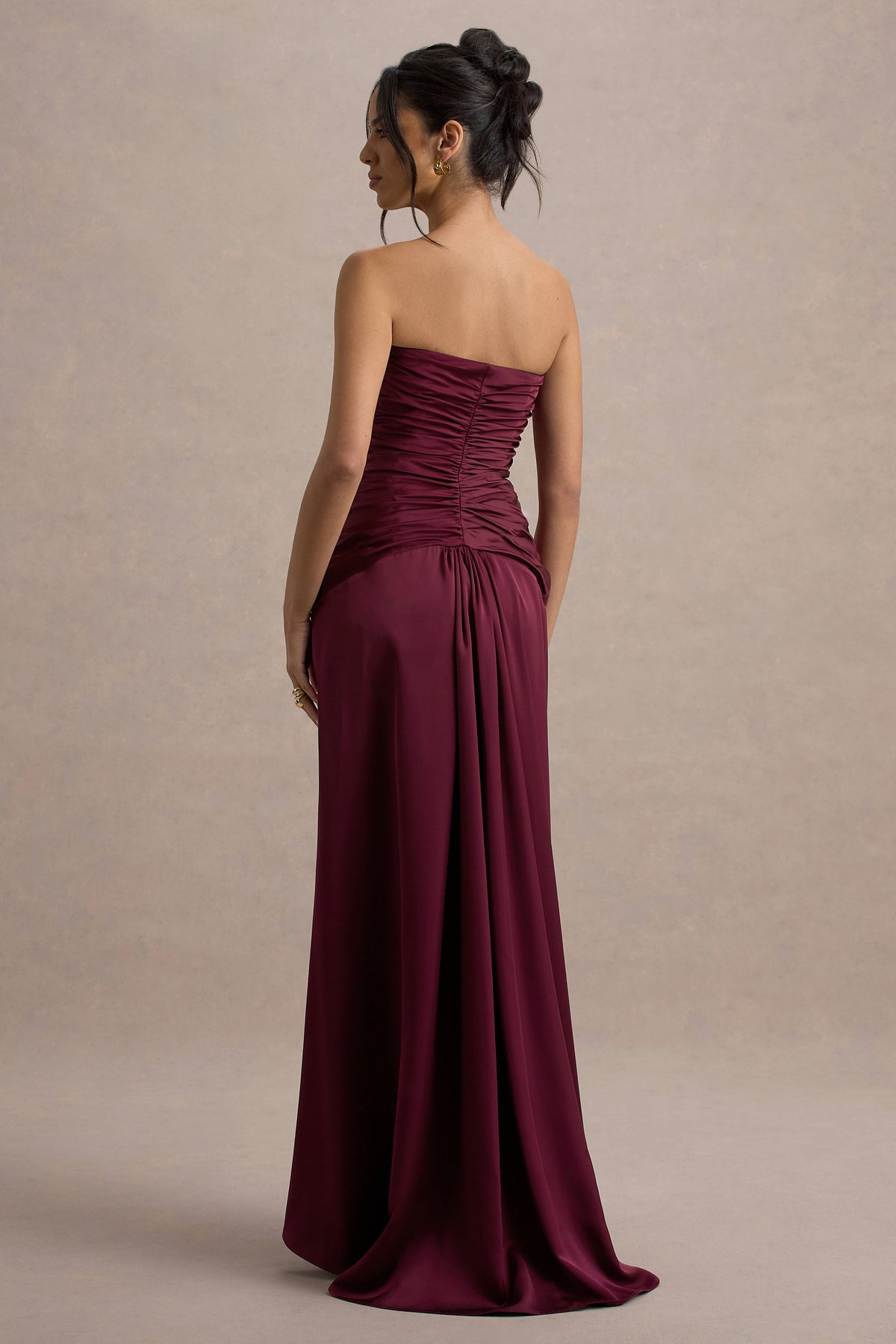 Collective Dress - Burgundy Satin Sweetheart Gathered Maxi Dress image 3