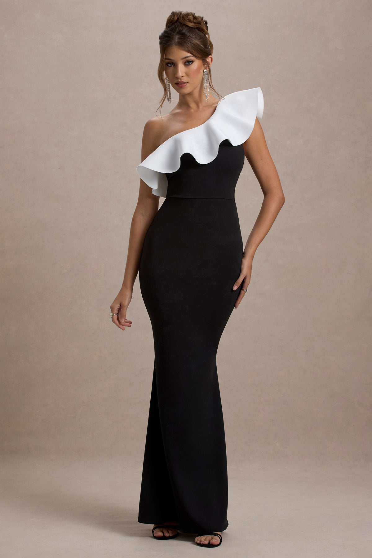 Collective Dress - Black & White Ruffled One-Shoulder Maxi Dress image 2