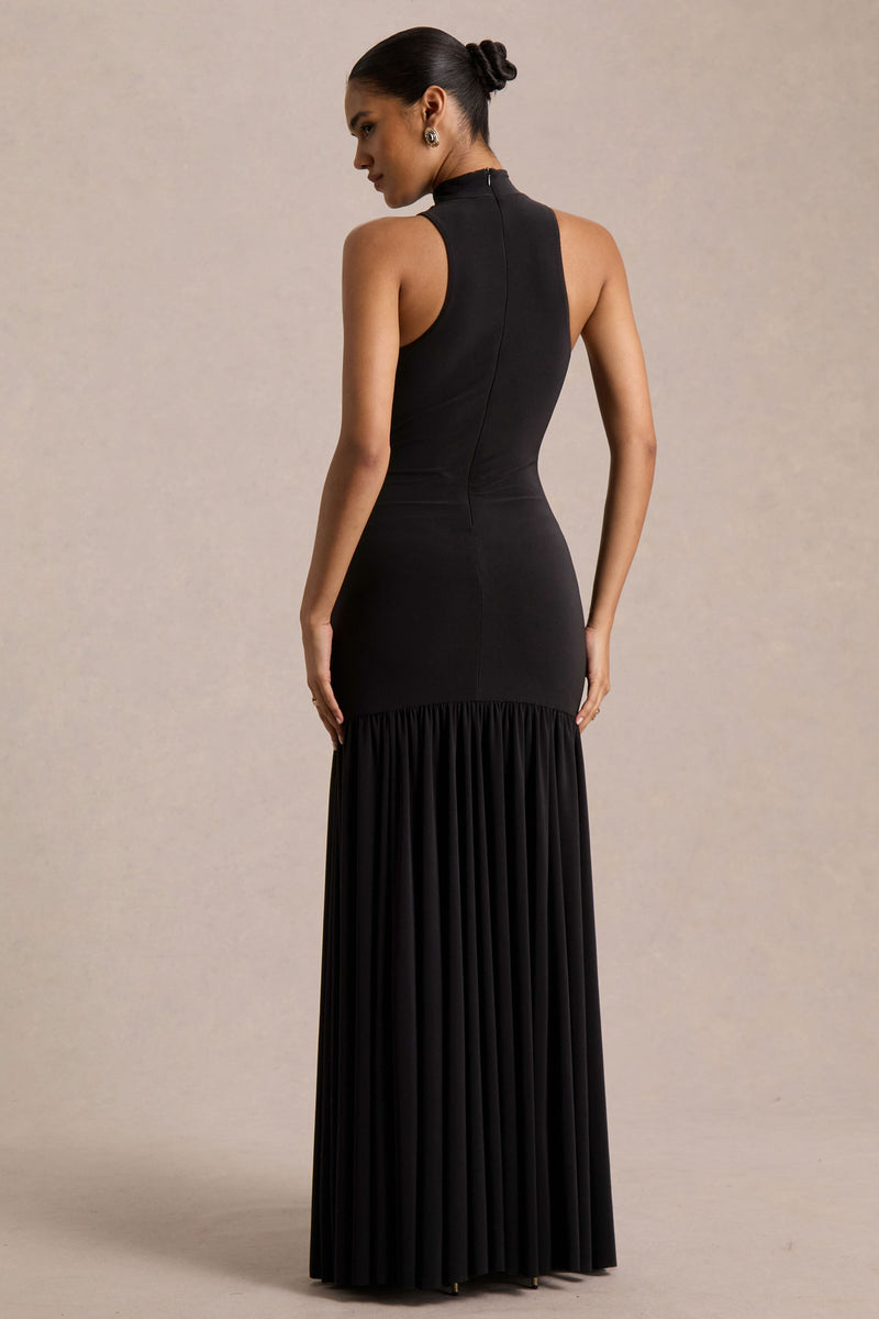 Tasmin Black High-Neck Maxi Dress With Drop-Waist – Club L London