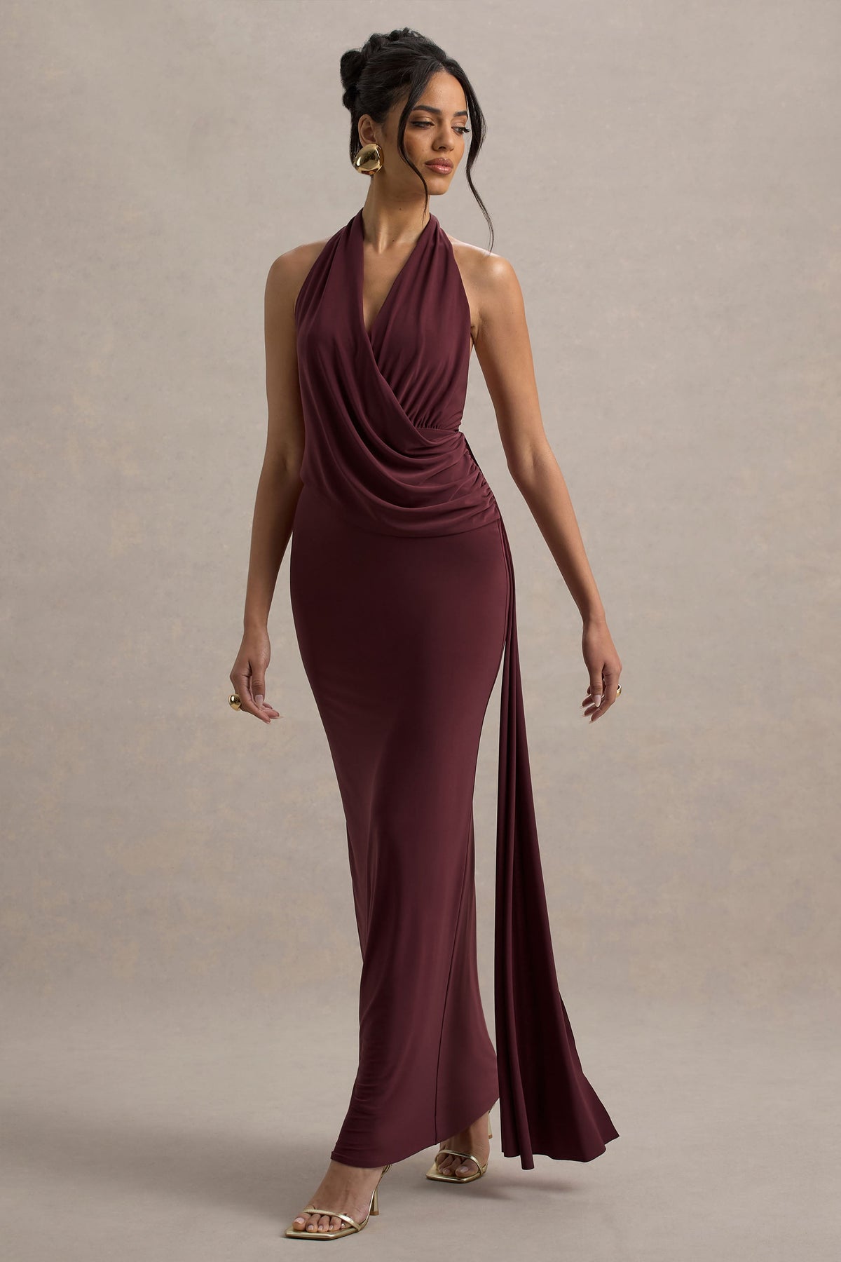 Burgundy Halter-Neck Draped Maxi Dress With Sash - View 5 | Shop Formal Dress