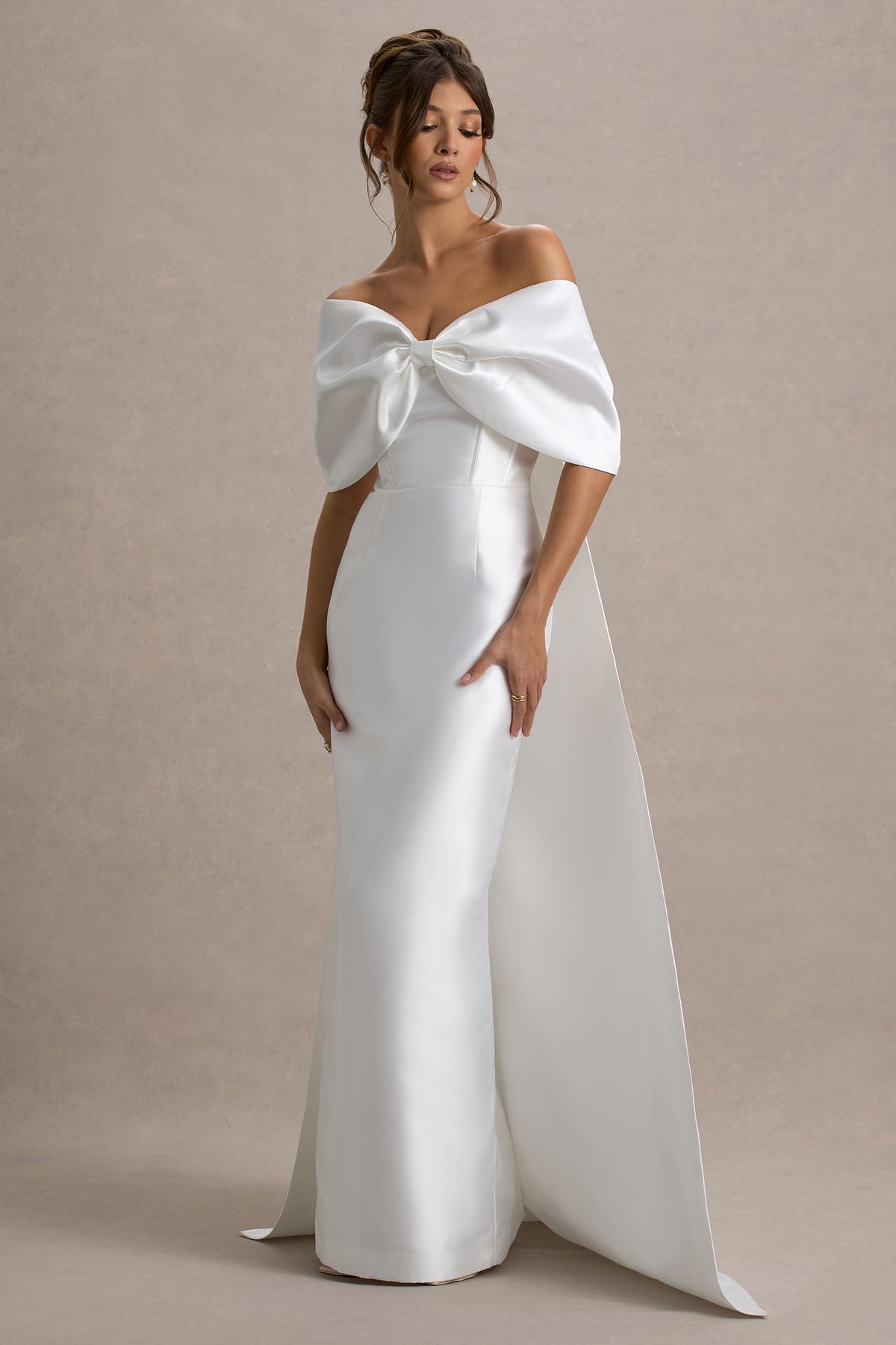 Off White Satin Cape Maxi Dress With Oversized Bow - View 2 | Shop Formal Dress