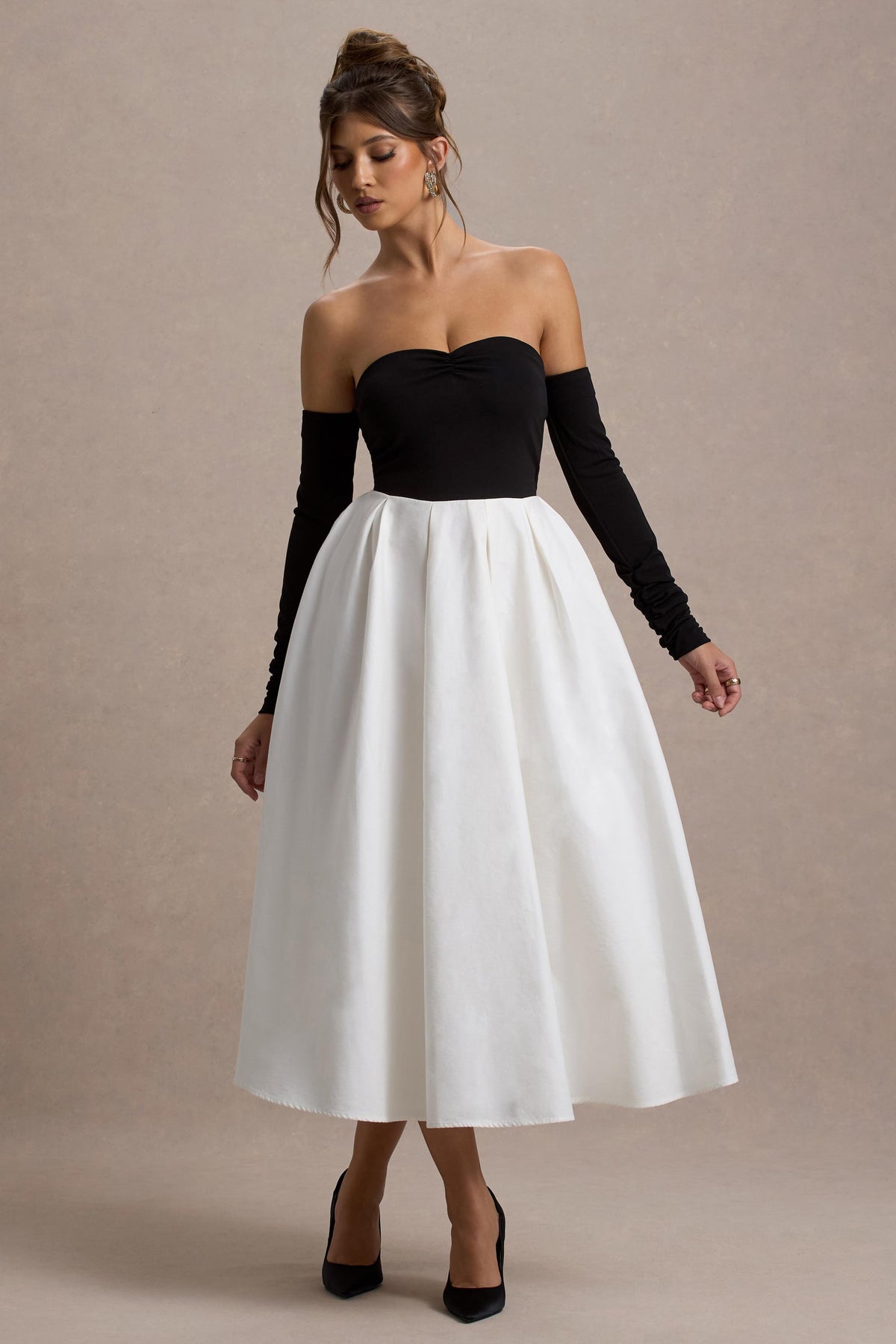 Black & Cream Bardot Pleated Maxi Dress - View 2 | Shop Formal Dress