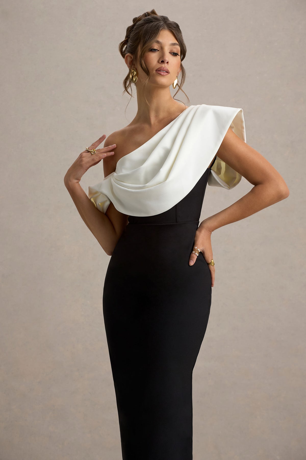 Collective Dress - Black & White Draped Shoulder Maxi Dress image 4