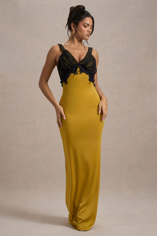 Sahara Mustard Satin V-Neck Maxi Dress With Black Lace Trim – Club