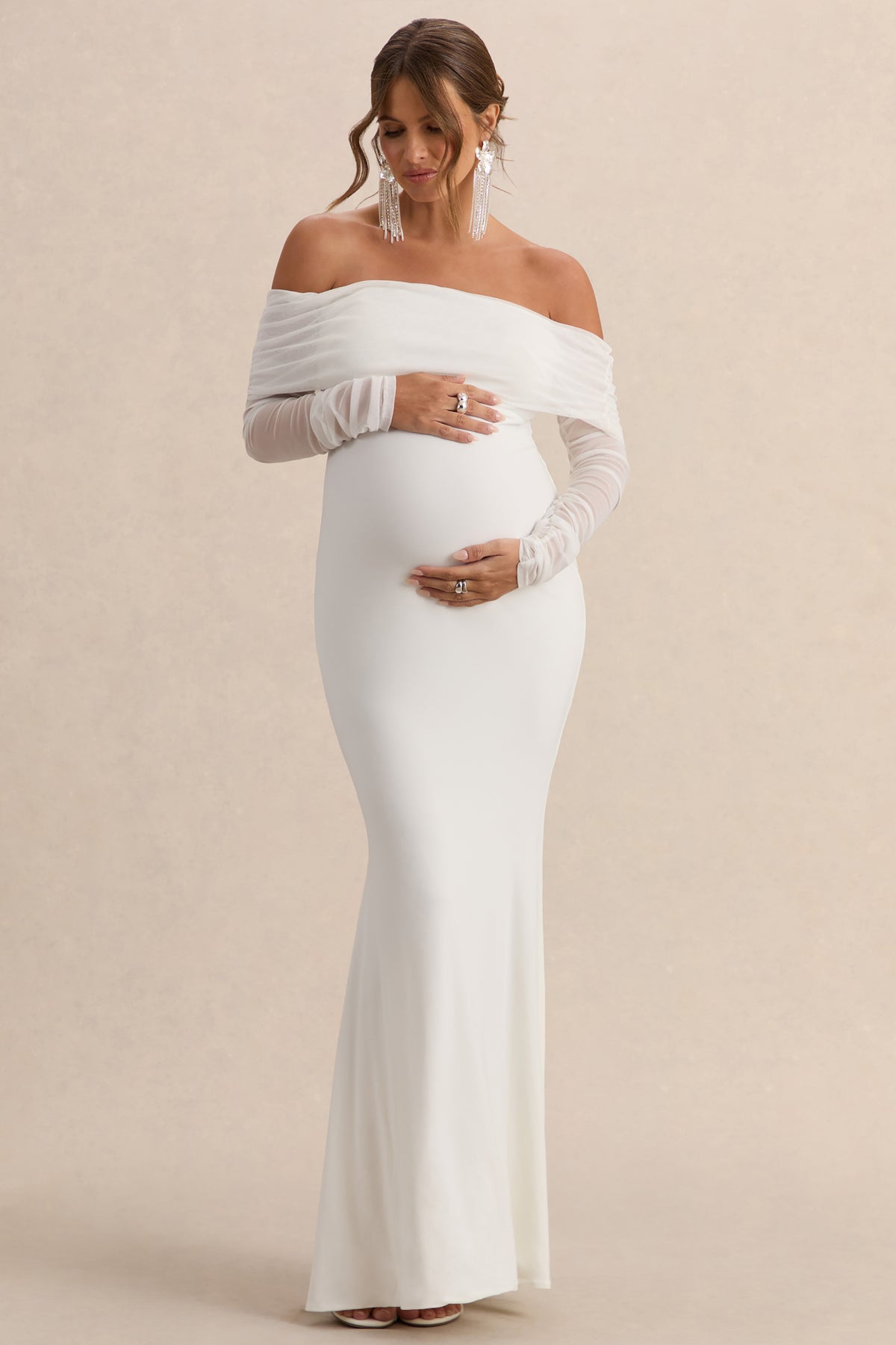 fitted lace wedding dress Pretty Perfect White Maternity Ruched Mesh Bardot Maxi Dress – Club L  London