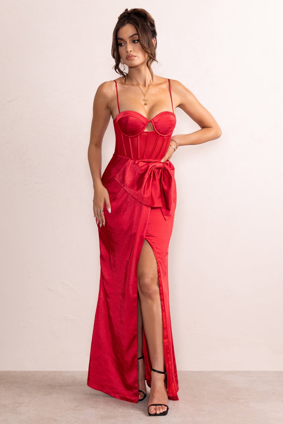 Red satin square neck dress hot sale