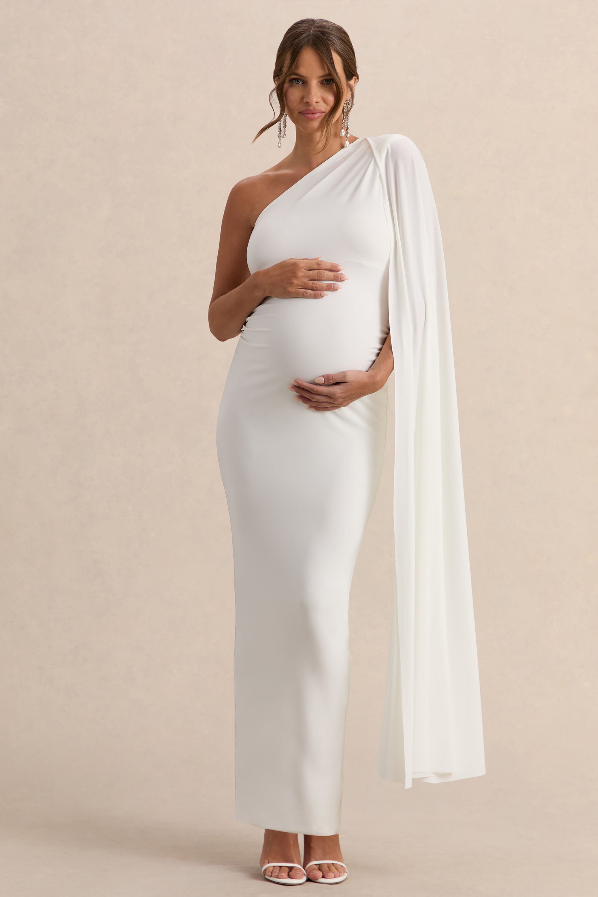 maternity maxi dress australia Amaryllis | White Maternity One Shoulder Maxi Dress with Cape Sleeve – Club  L London