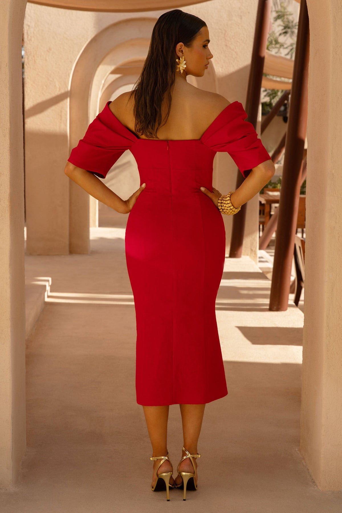 Fiona Red Plunge-Neck Split Midi Dress Club L London - AUS Fiona Red Plunge-Neck Split Midi Dress Club L London - AUS