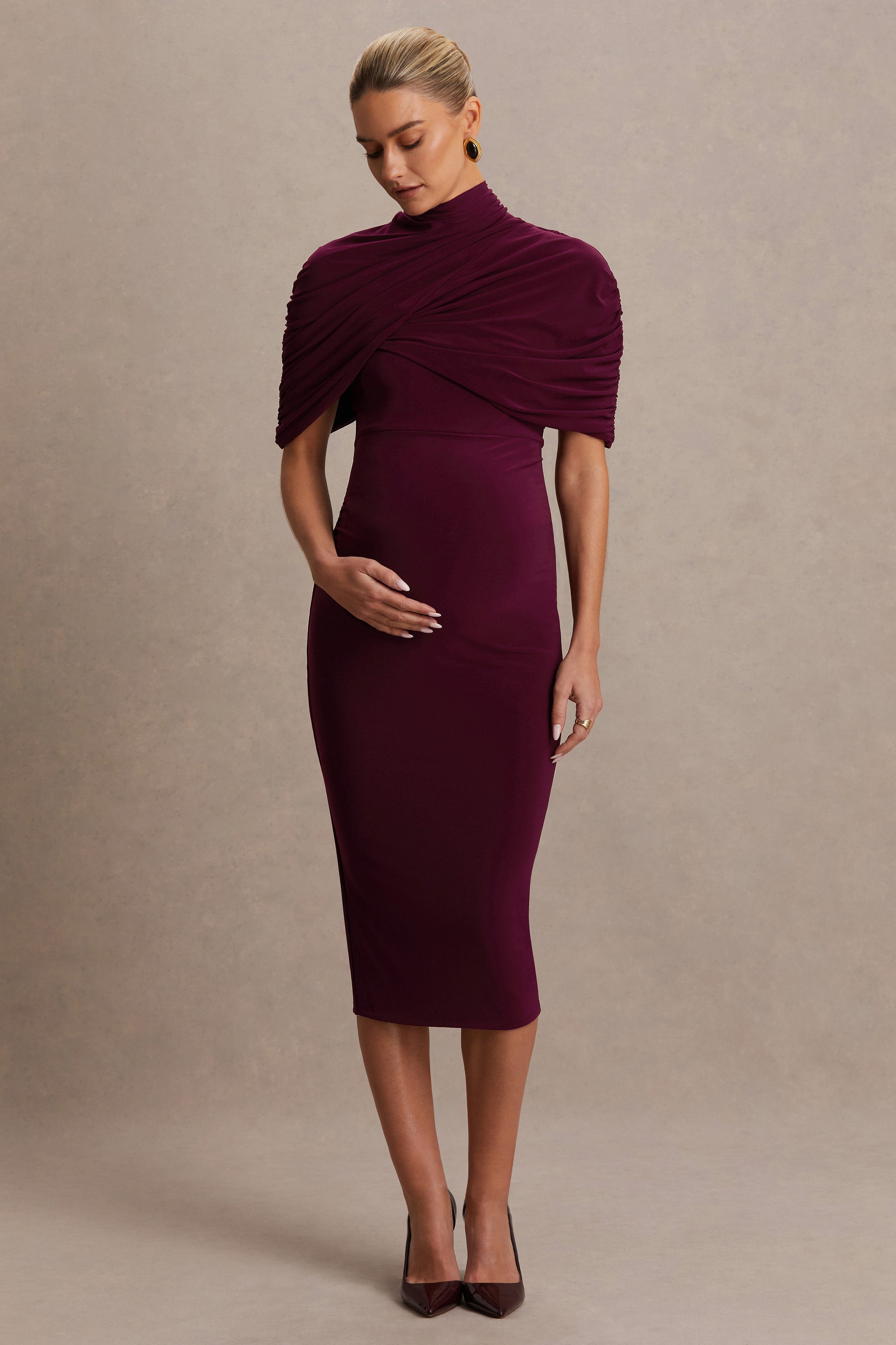 HR_CL136308069 - Augustina Burgundy Maternity Midi Dress With Cape 01.jpg