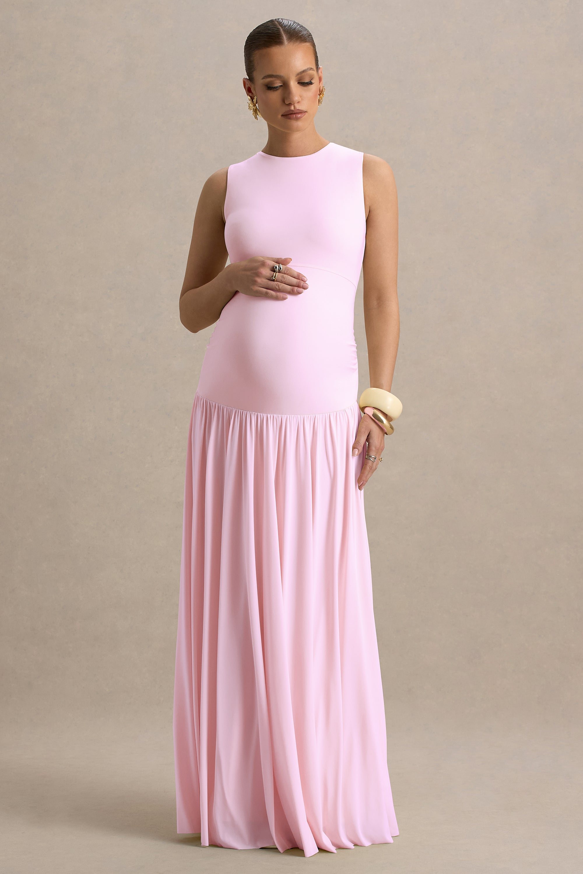 ECM_HR_CL136318081 - Outline | Light Pink Crew-Neck Maternity Maxi Dress With Pleated Skirt1.jpg