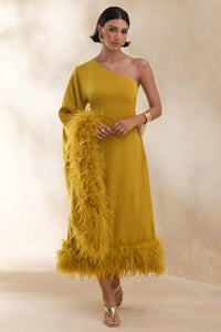ECM_HR_CL136382382 Destiny _ Yellow Satin Asymmetric-Neck Midi Dress With Feather Details 0.jpg