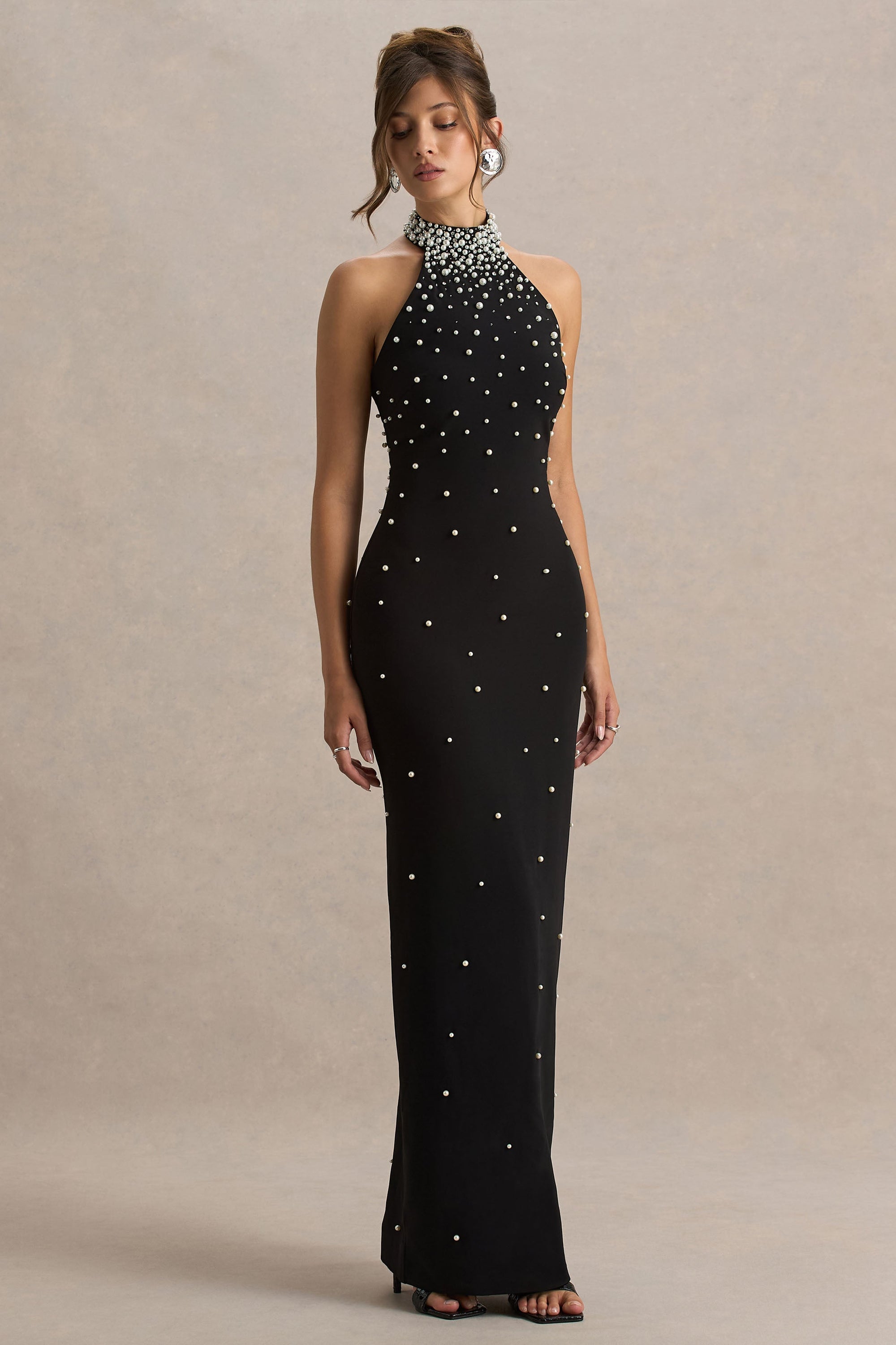Dani | Black Hand-Embellished Halter-Neck Maxi Dress Club L London - AUS Dani | Black Hand-Embellished Halter-Neck Maxi Dress Club L London - AUS