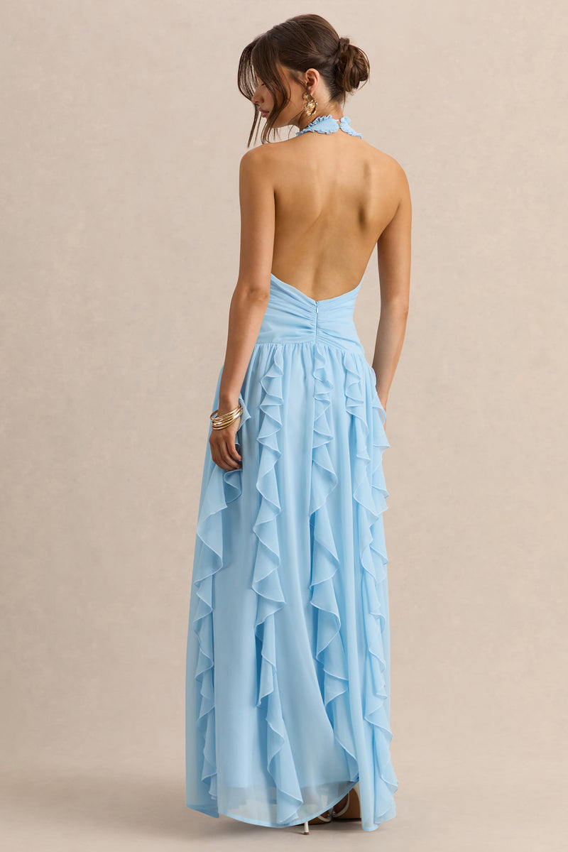 Bea Powder Blue Plunge-Neck Ruffled Maxi Dress – Club L London