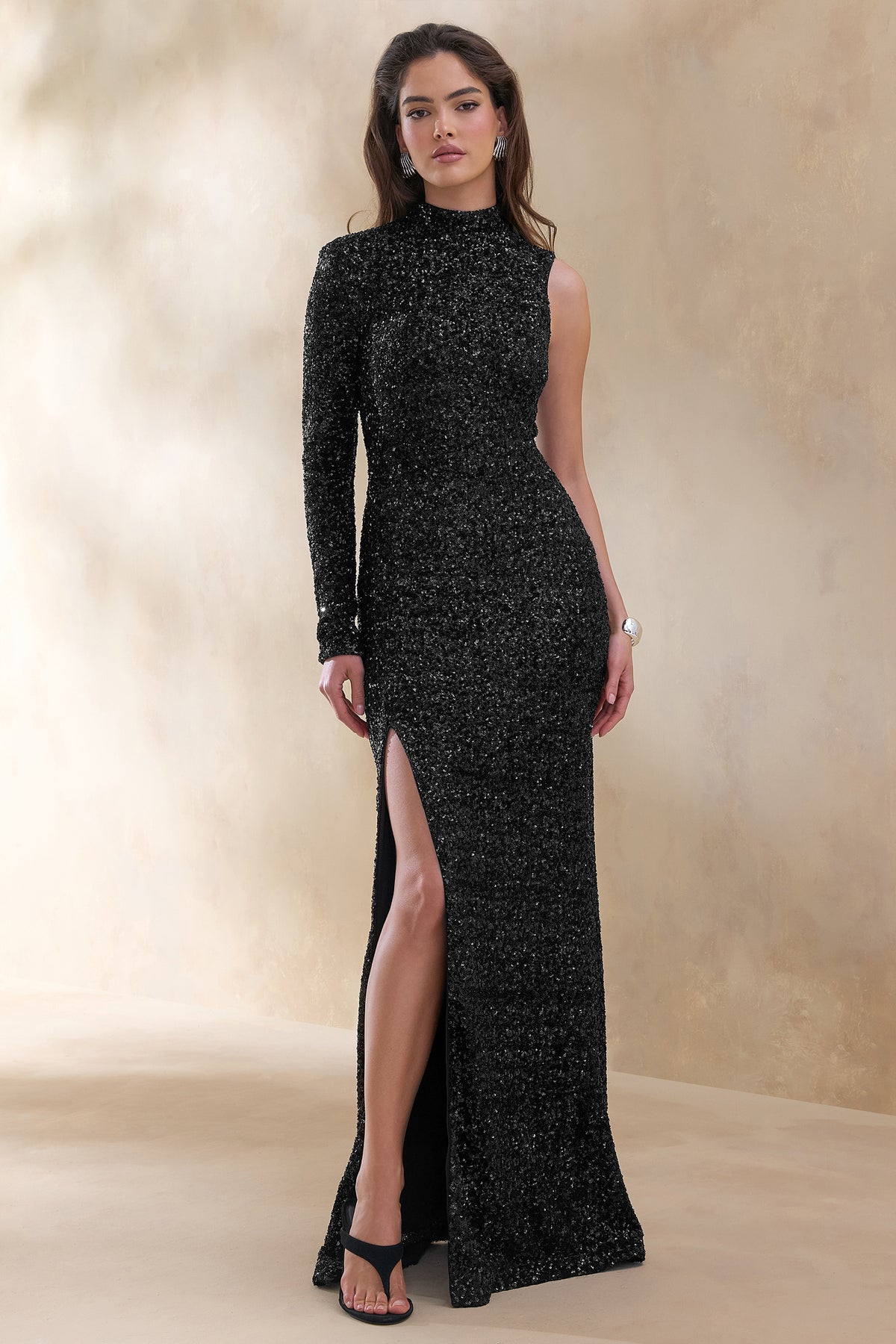 ECM_HR_CL136686002 Mery | Black Sequin High-Neck Wrap Maxi Dress With One-Long Sleeve 4.jpg