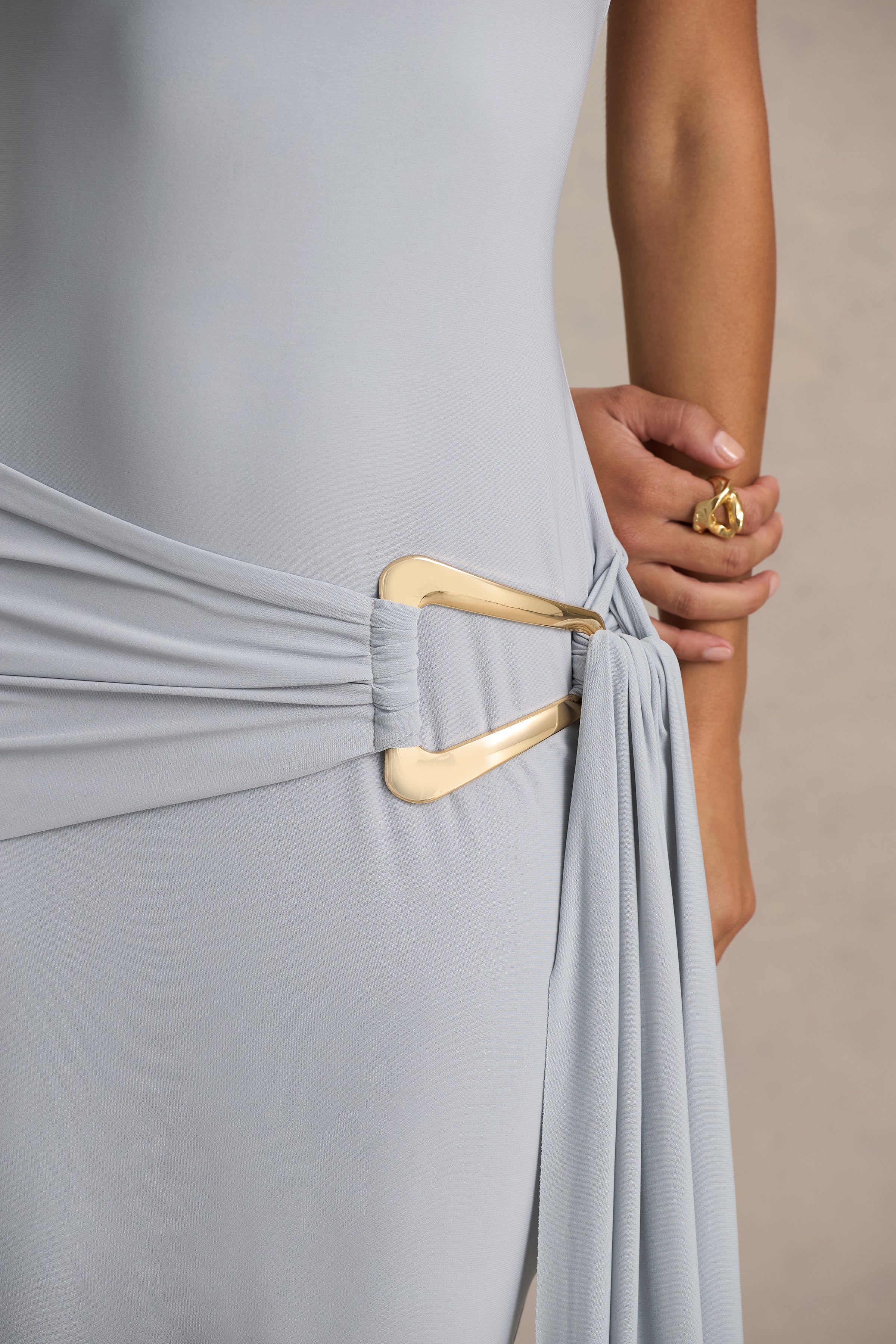 Bonnie | Blue Asymmetric-Neck Maxi Dress With Open-Back – Club L
