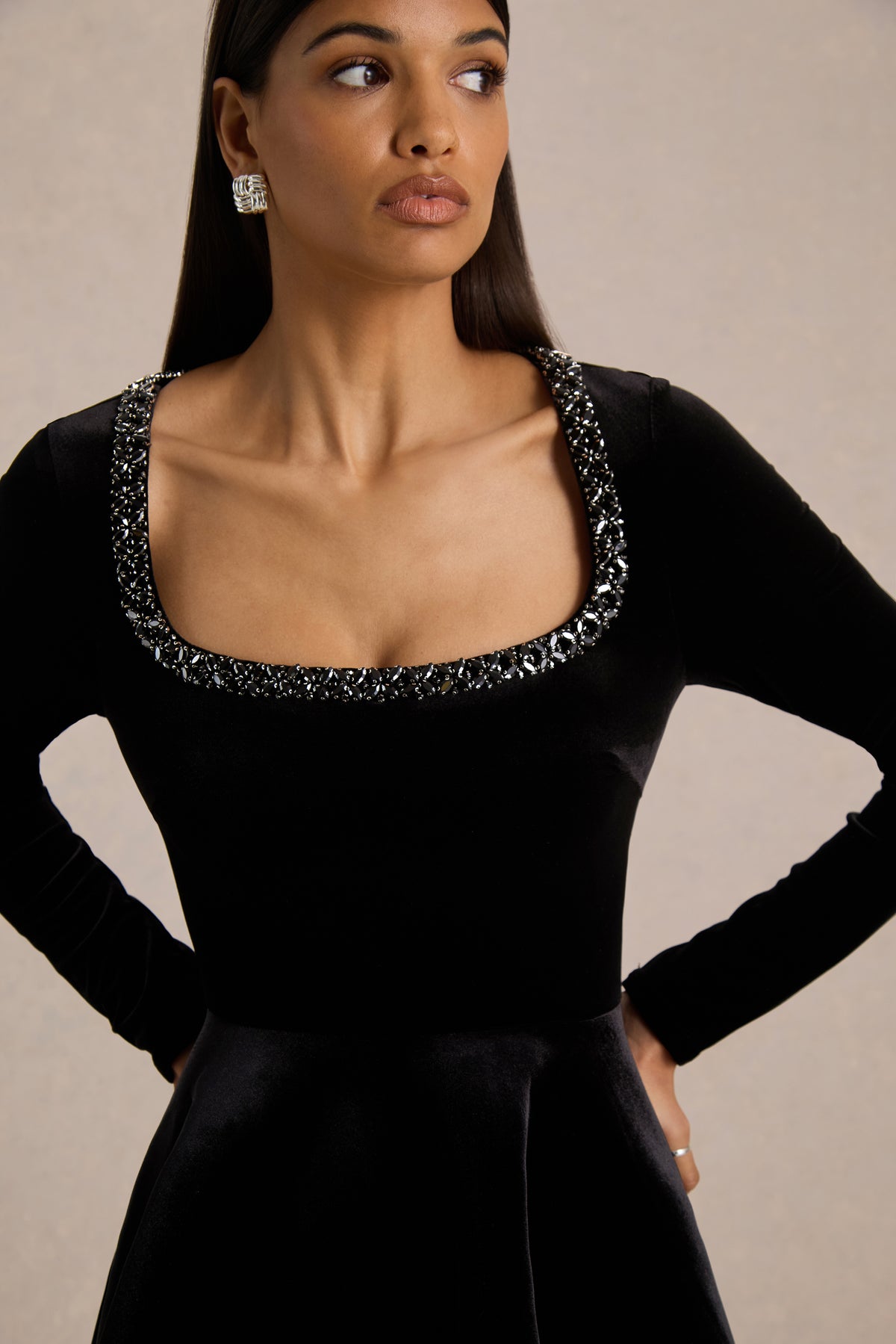 HR_CL136895002 - Beloved Black Velvet Embellished Square-Neck Mini Dress 04.jpg