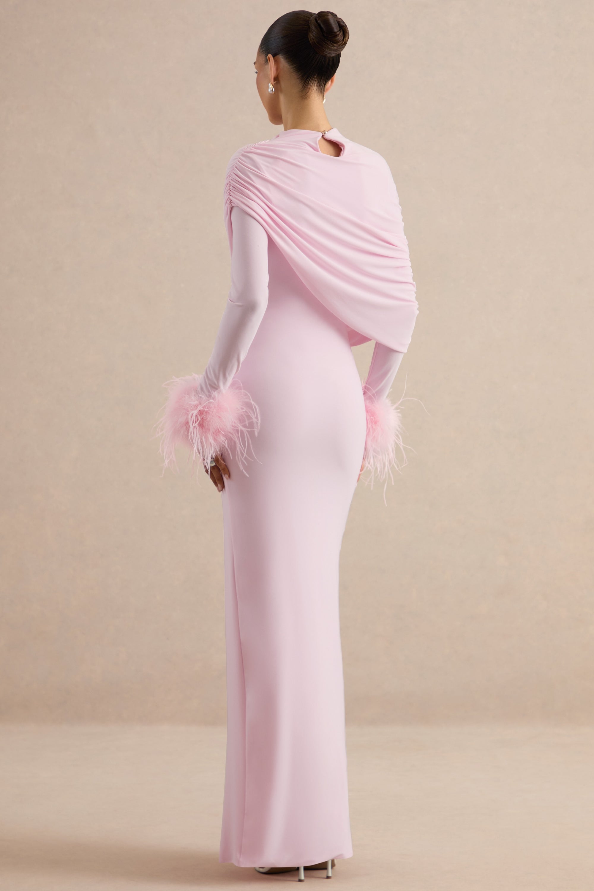 ECM_HR_CL136990081 - Gatsby | Light Pink High-Neck Maxi Dress With Feather Trim Cuffs + CL138534081 - Gatsby | Light Pink Feather Trim Cuffs 7.jpg