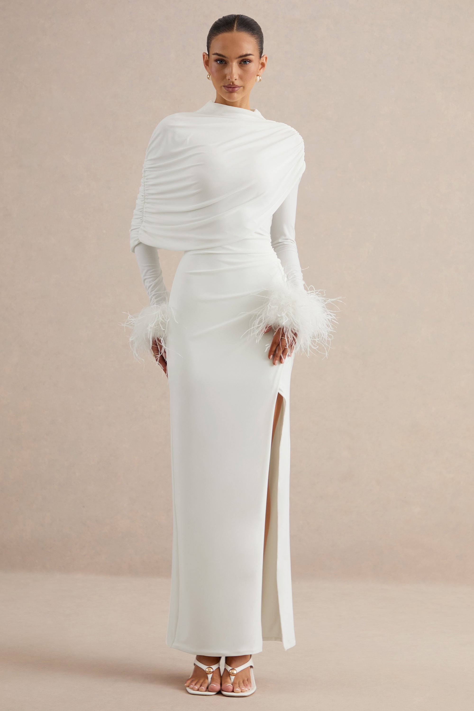 ECM_HR_Gatsby White High-Neck Maxi Dress With Feather Trim Cuffs CL136990110 CL138534110 _0281.jpg