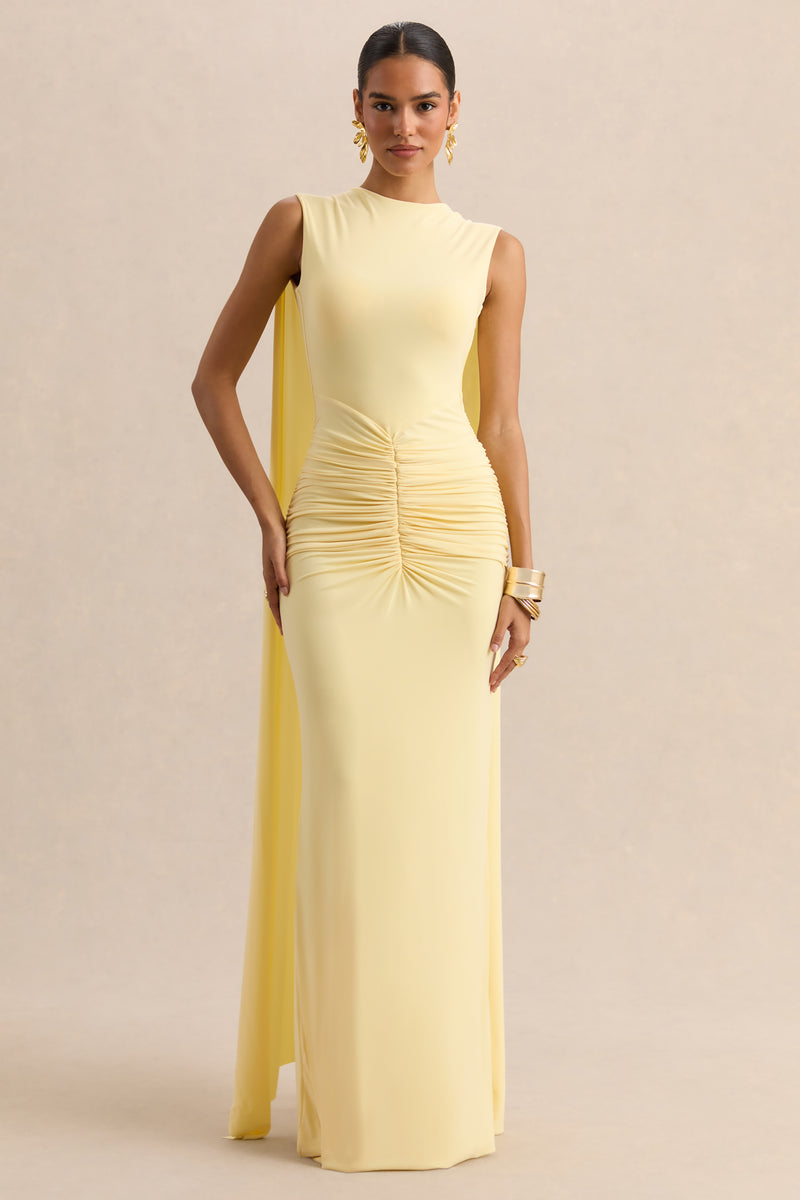 Premiere Lemon Boat-Neck Maxi Dress With Cape-Sleeves And Open-Back ...