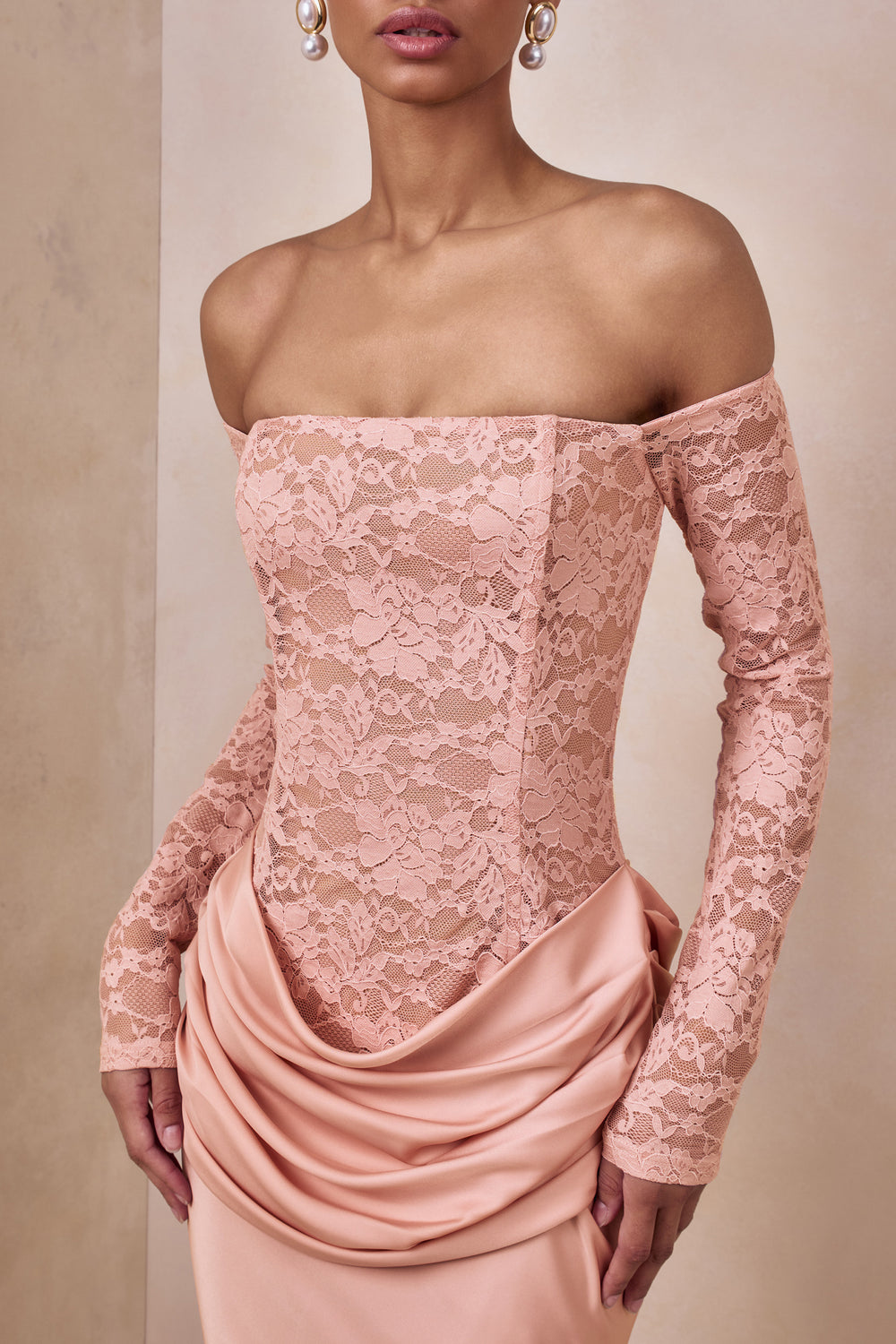 Rinna | Pink Lace And Satin Bardot-Neck Maxi Dress – Club L London - AUS