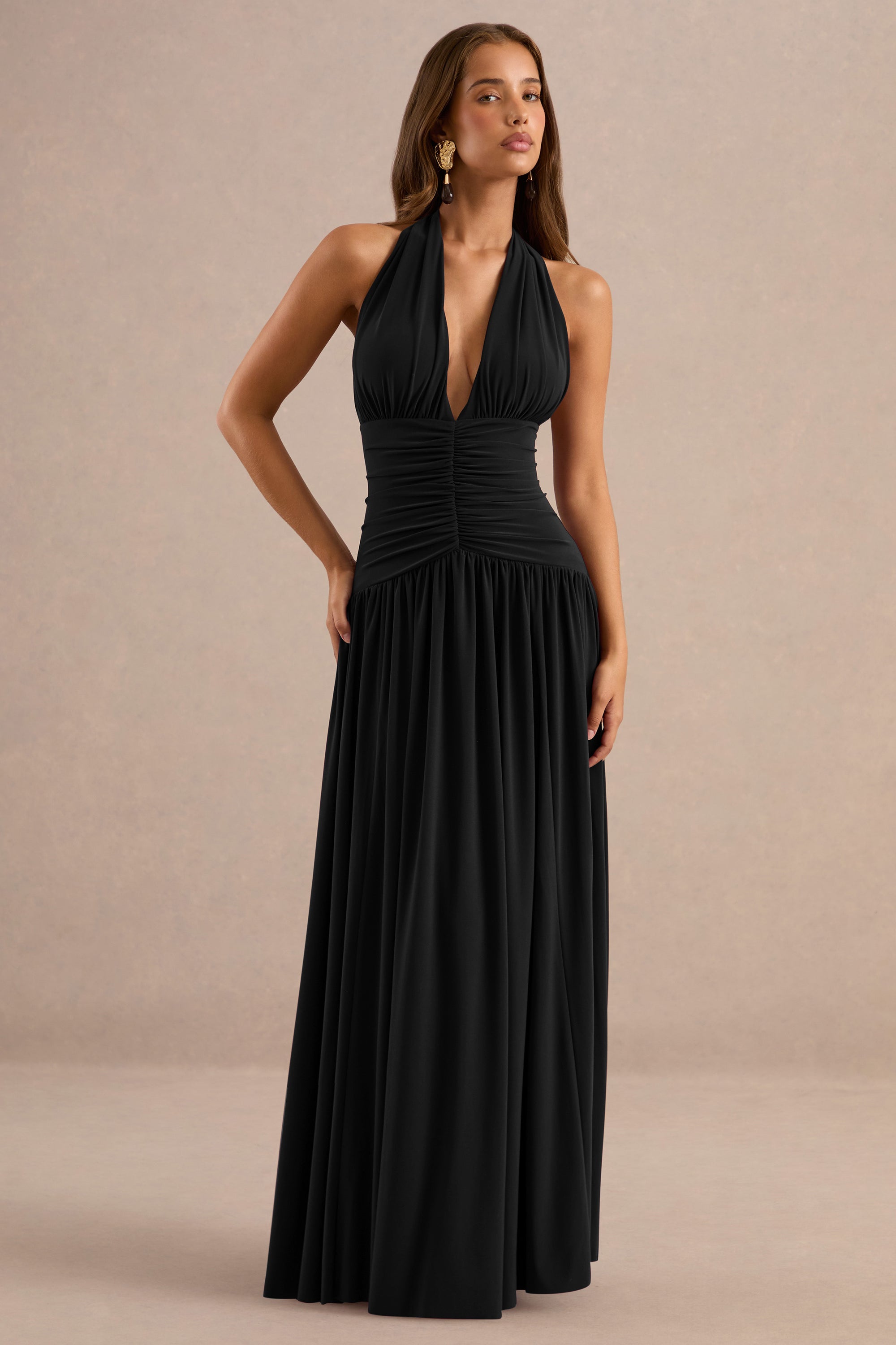 ECM_HR_CL137280001 - Bettina | Black Plunge-Neck Maxi Dress With Gathered-Detailing0.jpg