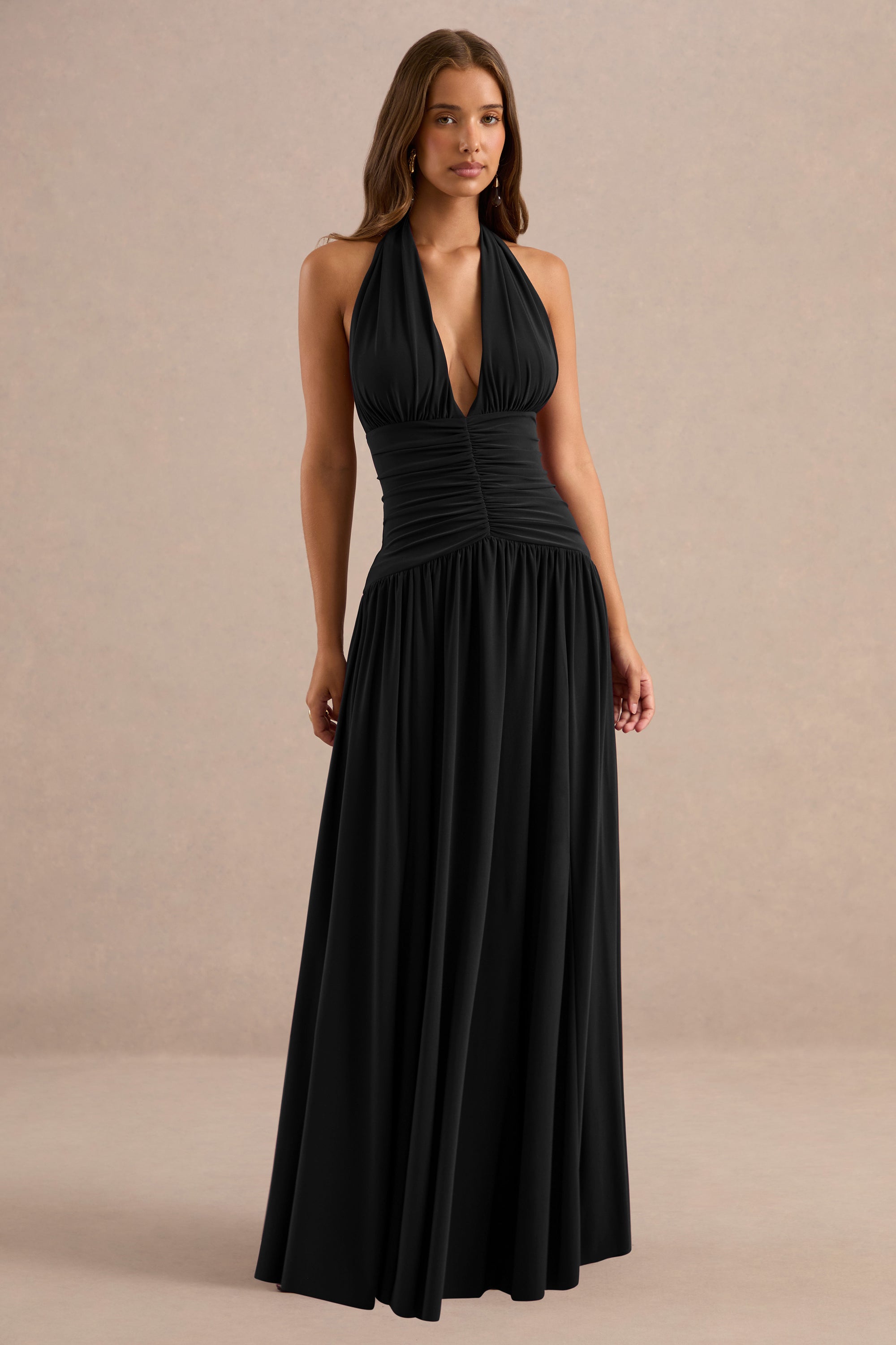 ECM_HR_CL137280001 - Bettina | Black Plunge-Neck Maxi Dress With Gathered-Detailing1.jpg