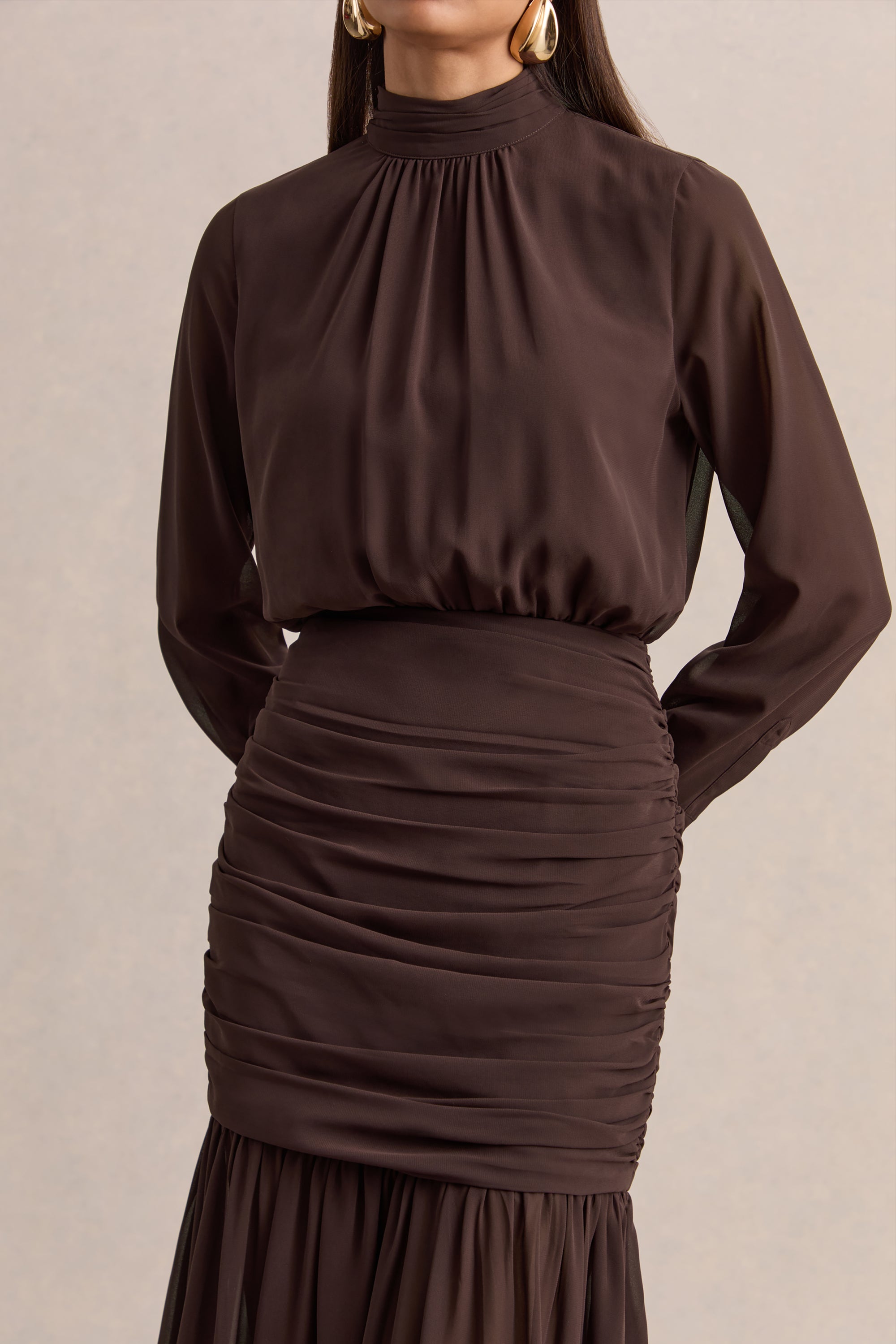 zella effortless square neck midi dress Zella | Brown High-Neck Maxi Dress With Sheer-Skirt – Club L London