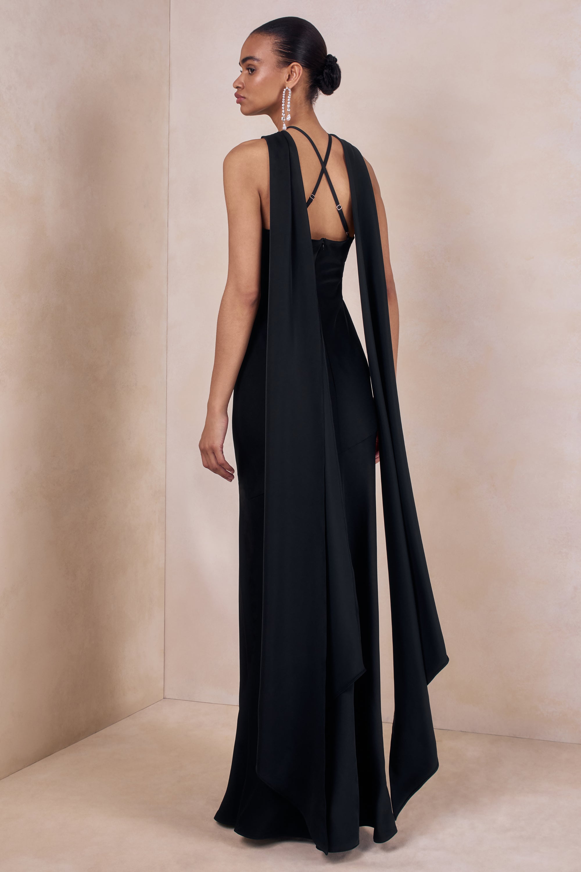 halter neck maxi dress australia Sloane | Black Matte Satin Halter-Neck Maxi Dress With Cape – Club L London