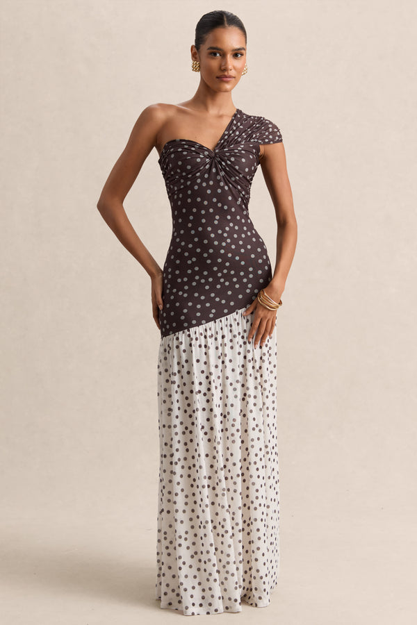 Motira Brown Polka-Dot Asymmetric-Neck Maxi Dress With Asymmetric Dr – Club  L London