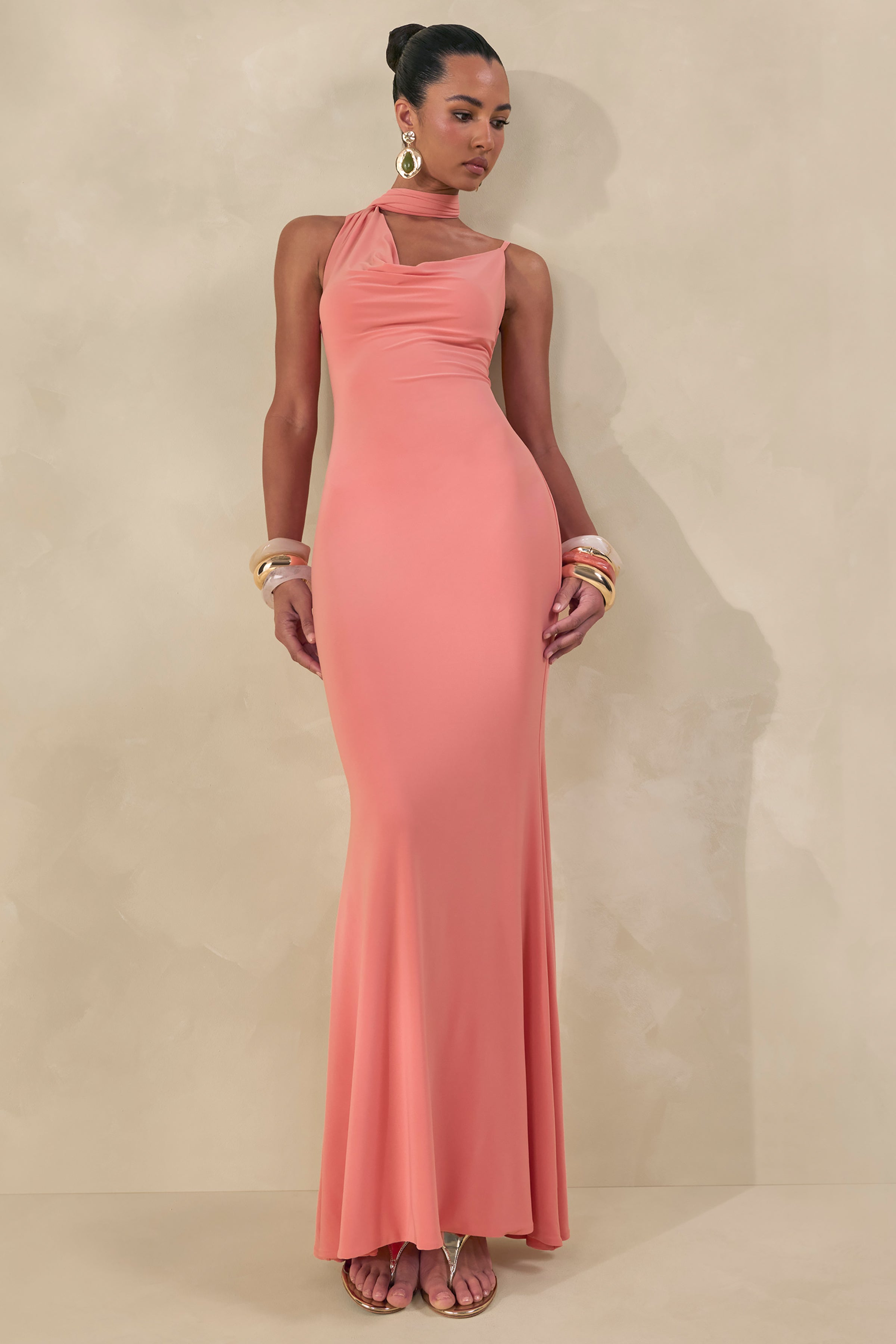 Kenza | Coral Asymmetric-Neck Maxi Dress With Scarf-Detail – Club