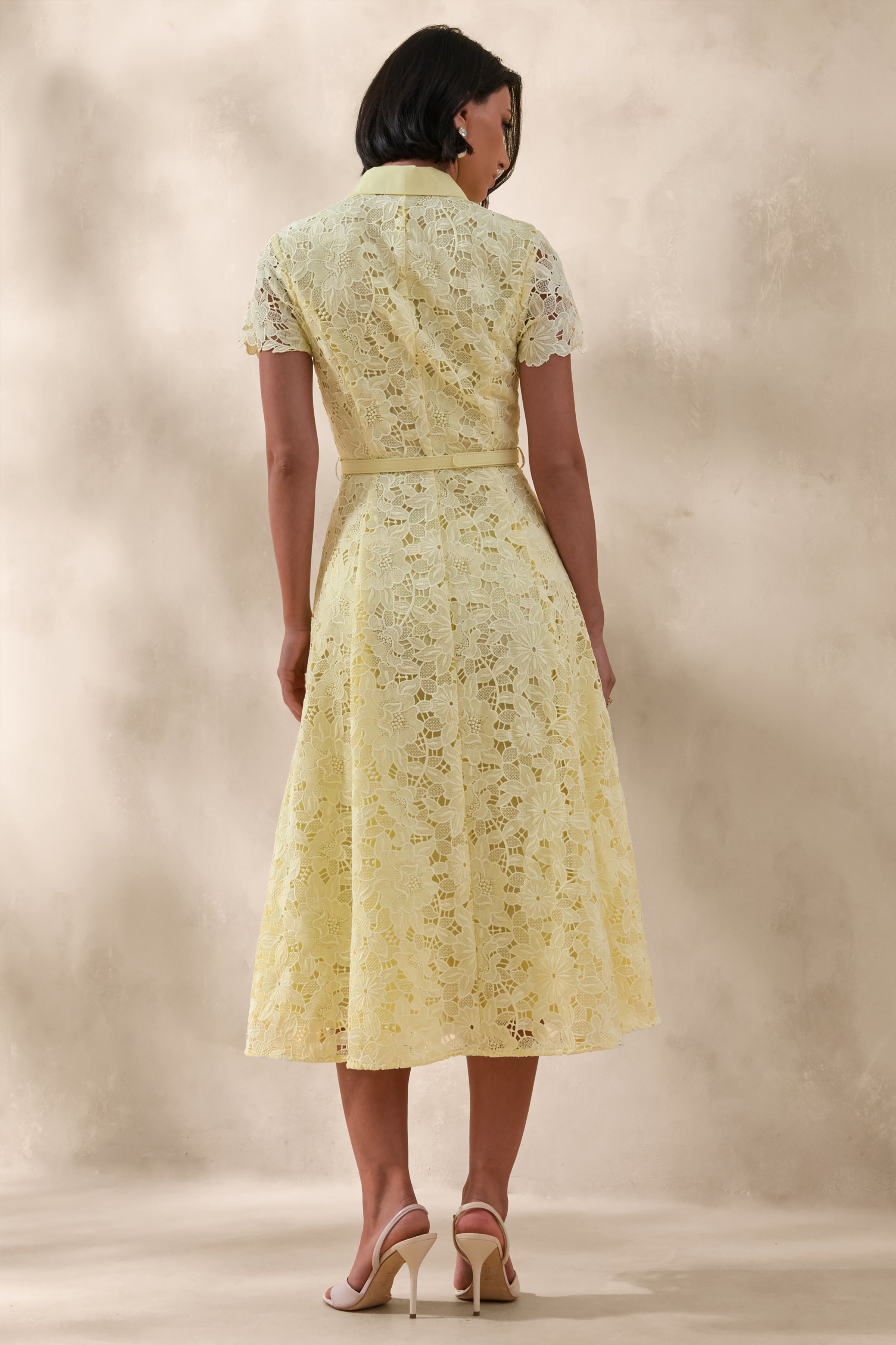 Zalie | Yellow Lace High-Neck Belted Midi Dress – Club L London - AUS