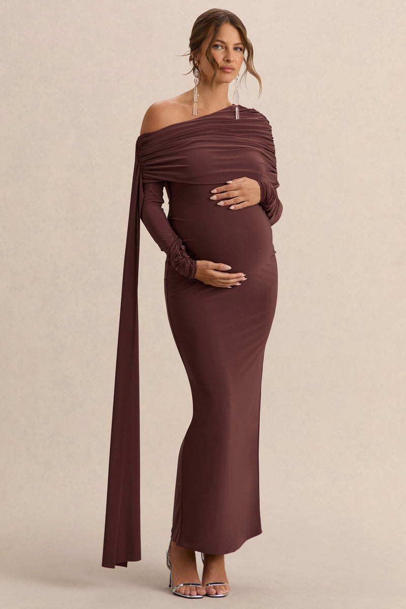 CL13737602108_ECM_HR_CL137376021----Cyra-Brown-Bardot-Neck-Maternity-Maxi-Dress-With-Sash-0